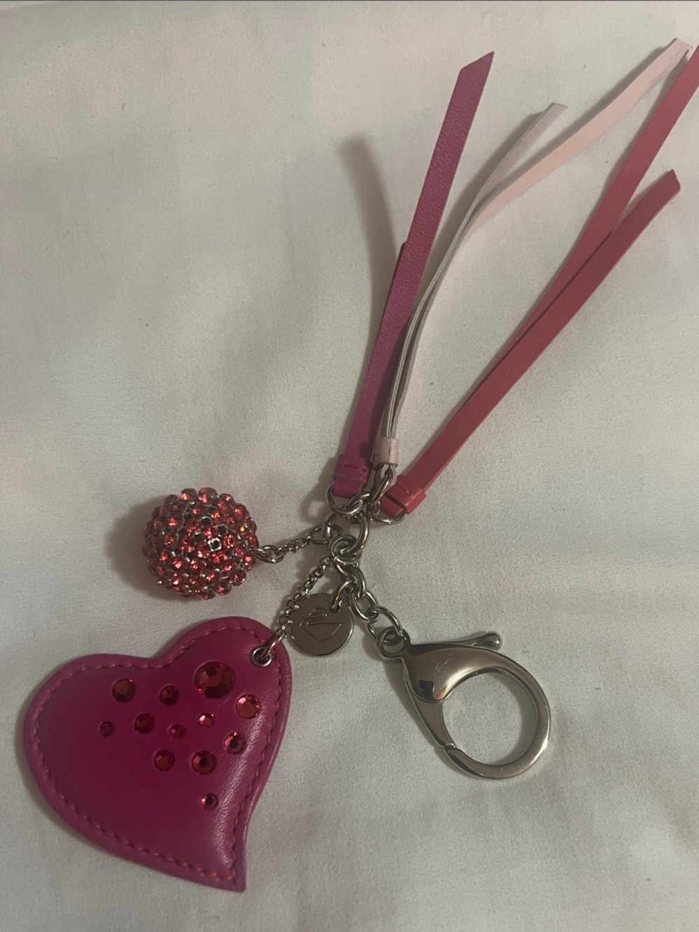 Swarovski Pink Leather Heart Keyring with Crystal Ball and Tassel Strips